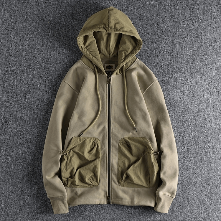 Sports Casual Men's Hoodie with Zipper and Hood - Khaki, 100% Cotton, Breathable, Full-Length Sleeve, SF1270.